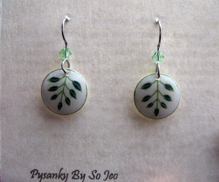 Little White & Green Branches Earrings Pysanky Jewelry by So Jeo